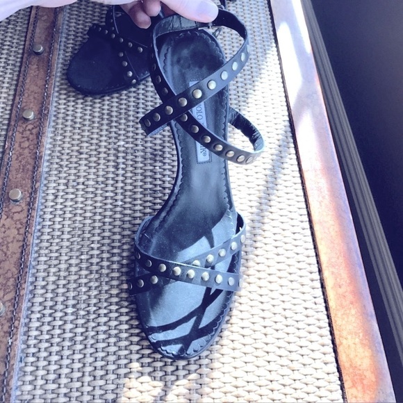 MANOLO Blahnik 39.5 Black Leather Strappy Laceup Studs Heels Sandals Goth Gold - Picture 3 of 7